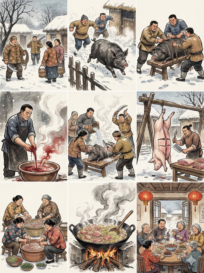 新中式水墨风格农村杀年猪场景九宫格插画