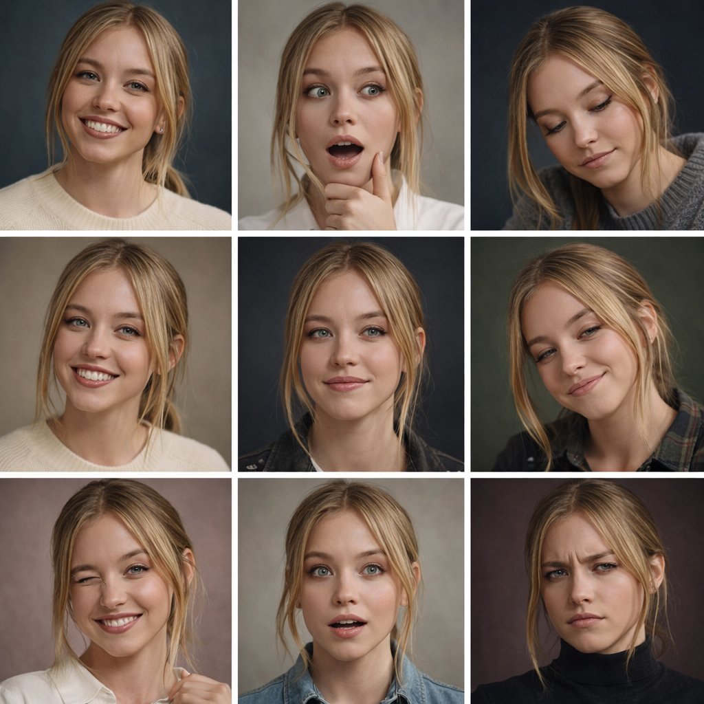 Create a 3×3 grid collage of studio portrait photographs featuring the same young woman with identical facial features in every panel.