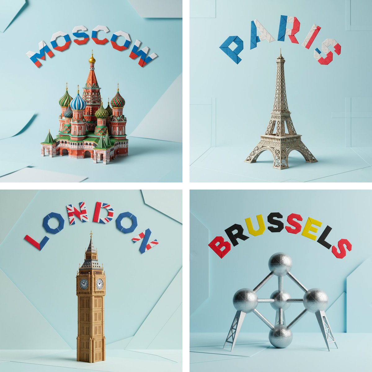 精致的折纸纪念碑与城市名称