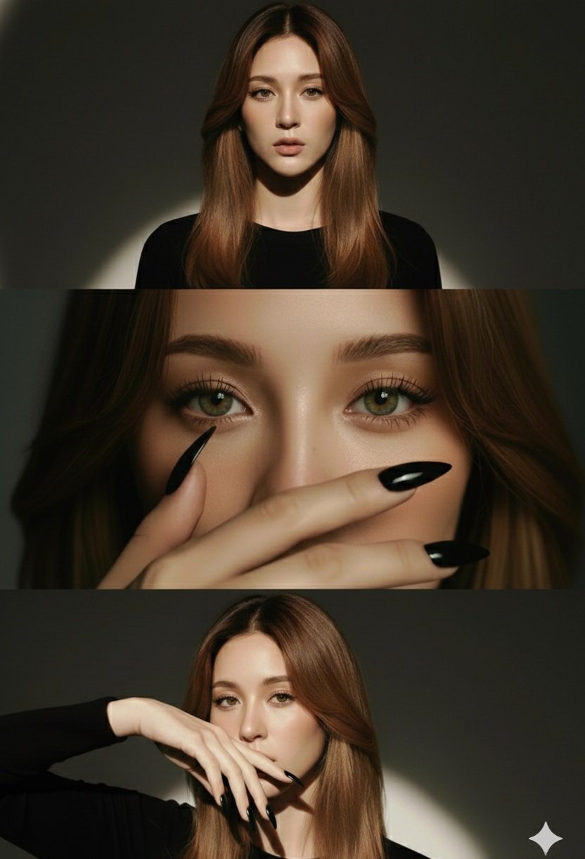 High-Fashion Editorial Studio Portrait as Vertical Triptych with Cinematic Luxury Aesthetics