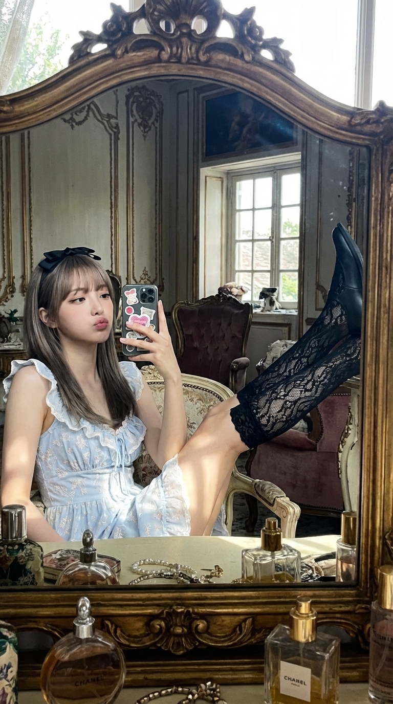 一位年轻女孩在奢华环境中的自拍镜像