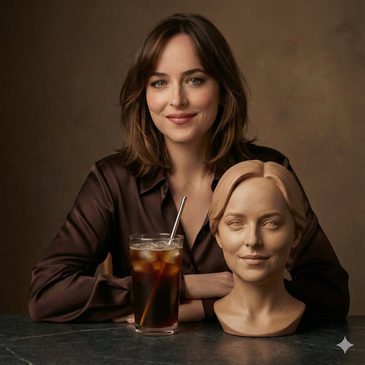 电影工作室肖像:女子身着咖啡色缎面衬衫,桌前摆放陶瓷半身像