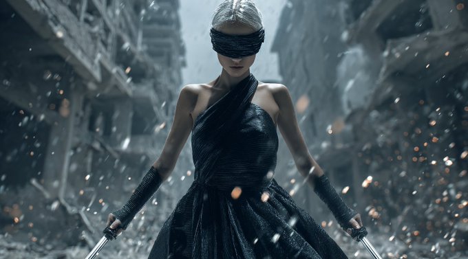 全身特写:详细角色描述,身着特定服装或盔甲,手持标志性武器或物品,准备行动,置身于毁坏的反乌托邦城市街道。