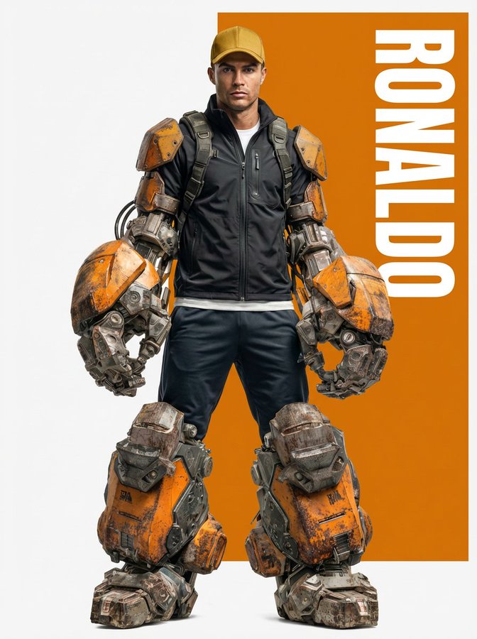 超级写实电影肖像:自信站立的罗纳尔多,现代服装与未来装甲