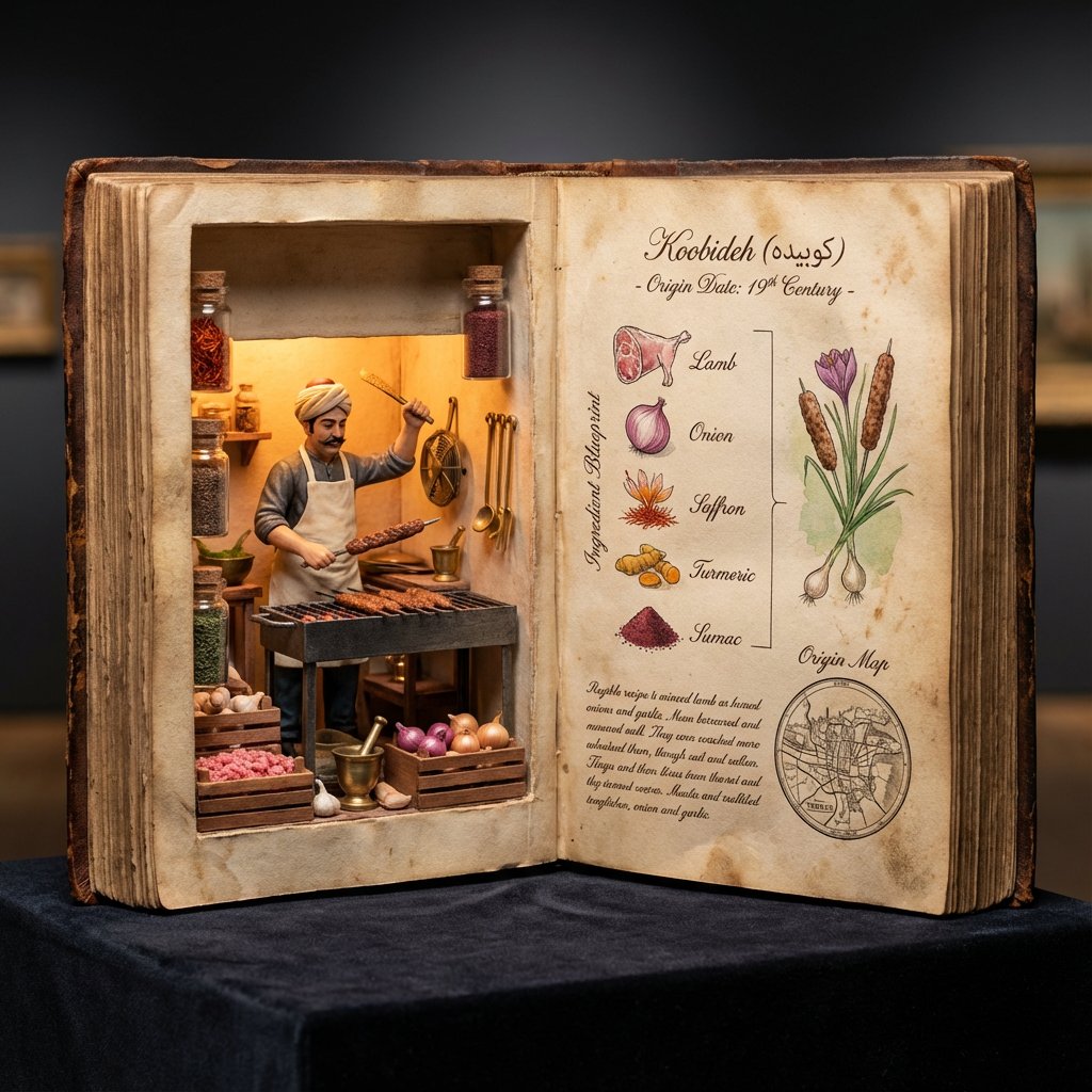 Hyperrealistic Microphotography of Antique Culinary Codex with Historical Inventor Scene