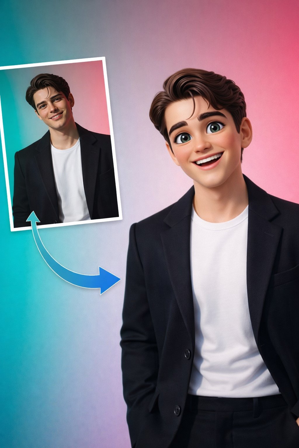 A stylized 3D cartoon portrait of a young man with short brown hair and expressive green eyes, smiling warmly