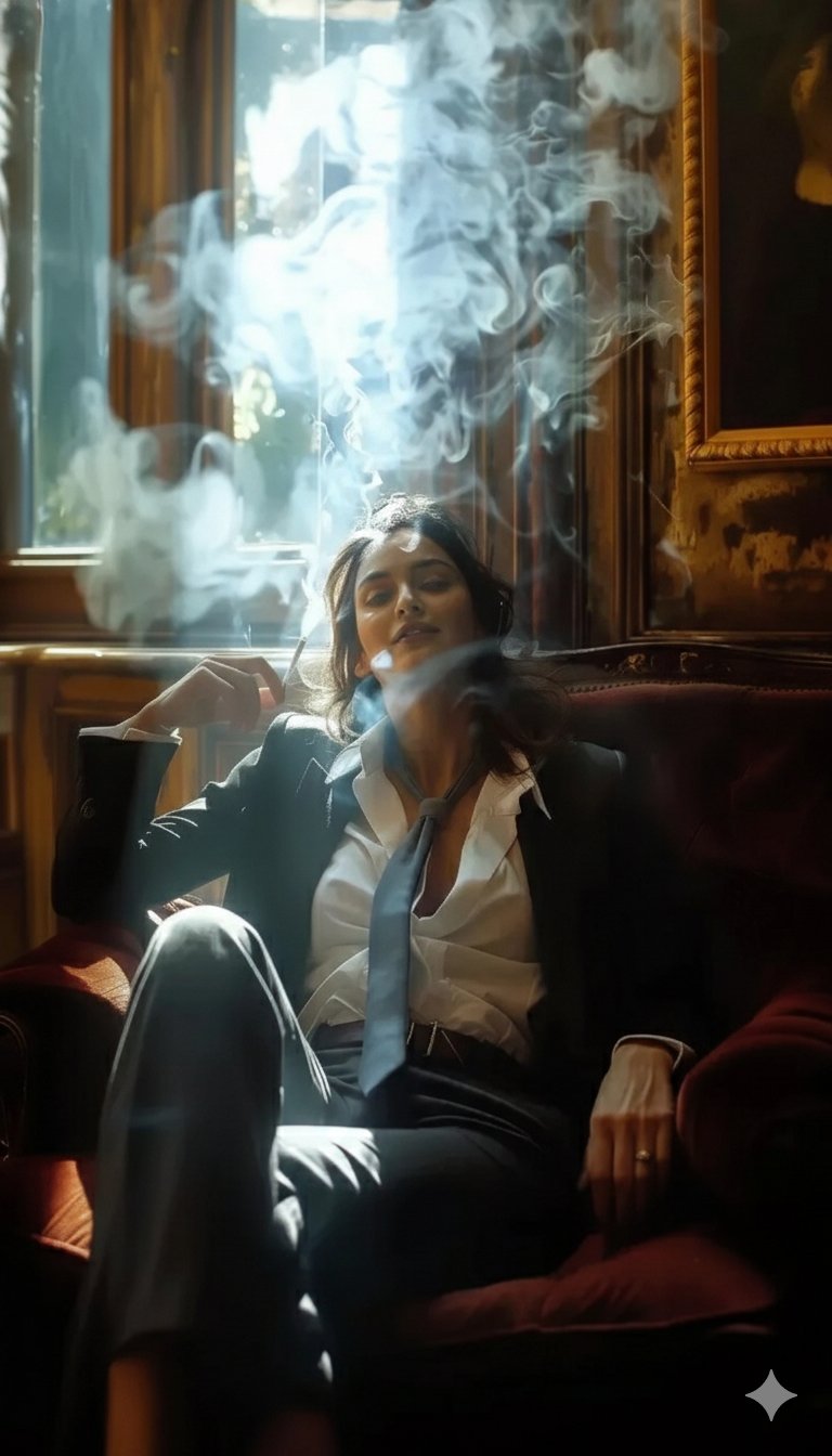 一位坐在复古书房红丝绒扶手椅中的优雅女性电影肖像