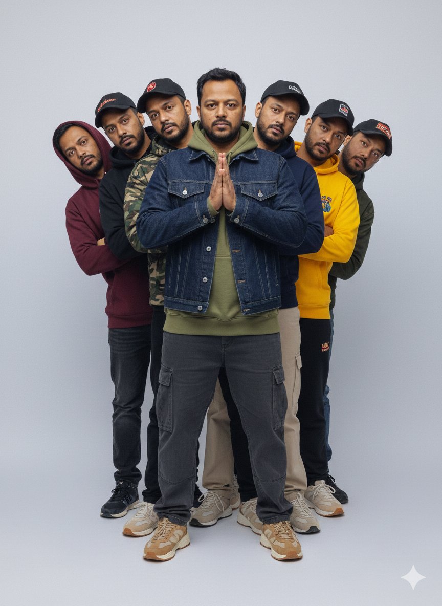 Photorealistic Central Man with Six Clones in Symmetrical Composition