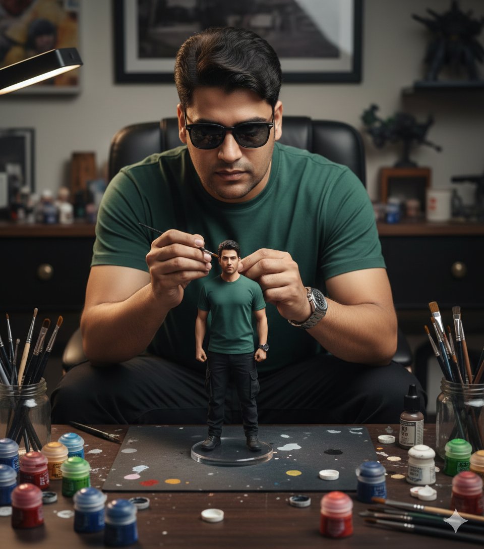 超写实电影场景:男子制作自身微缩模型