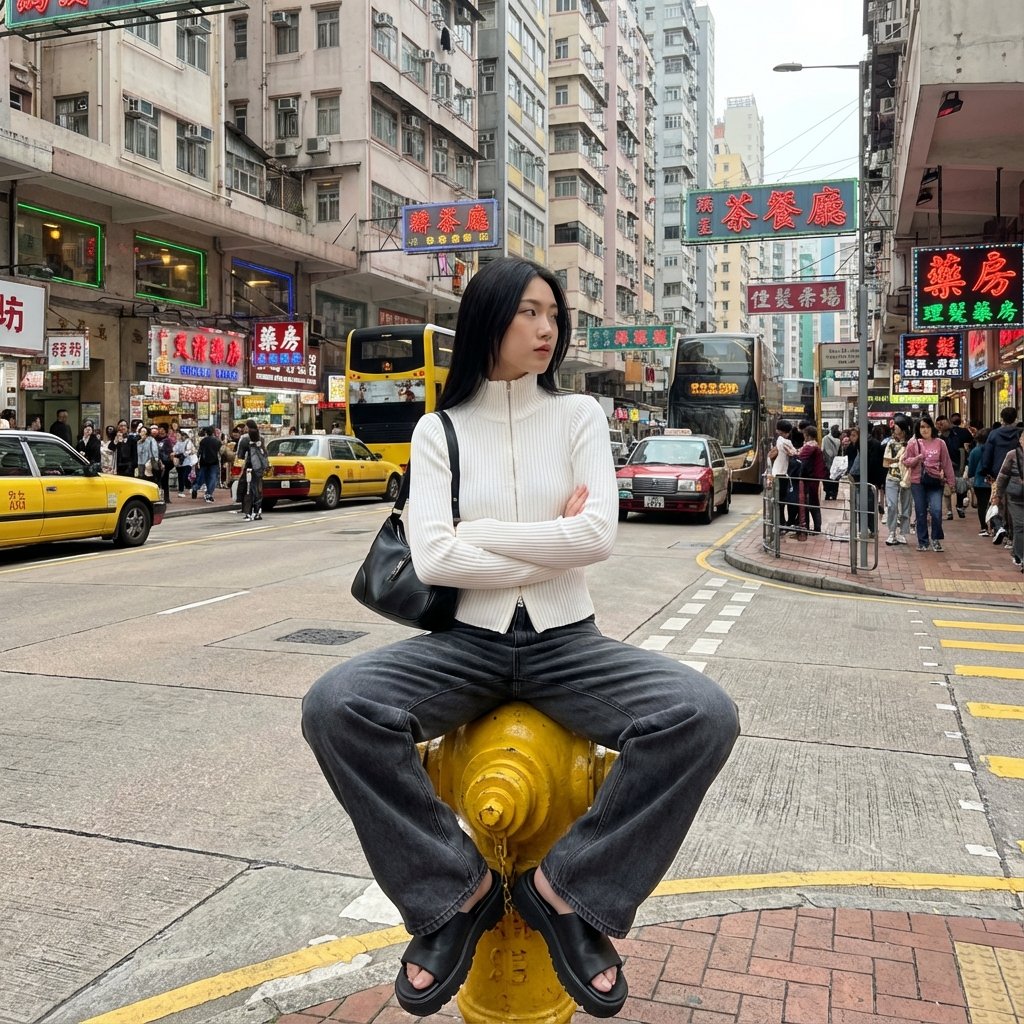 年轻女子自信地坐在繁忙都市街道的黄色消防栓上