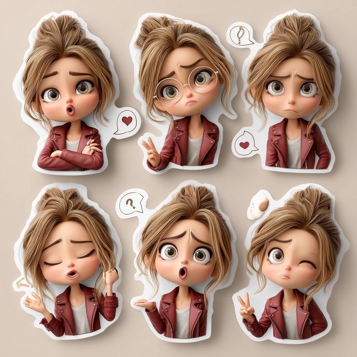 Cute 3D Chibi-Style Cartoon Girl Sticker Set with Multiple Emotions and Poses