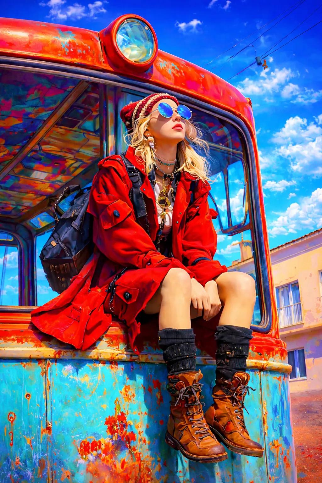 A stylish young woman on a vintage bus, wearing a red trench coat and blue sunglasses.