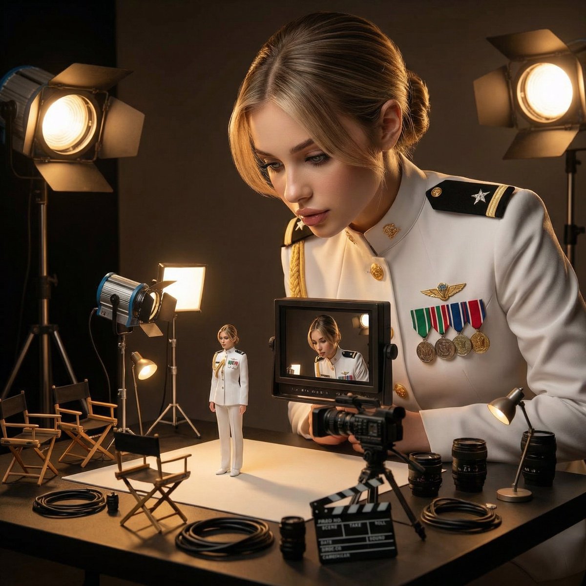 超现实电影工作室场景中的女性监督微缩电影布景