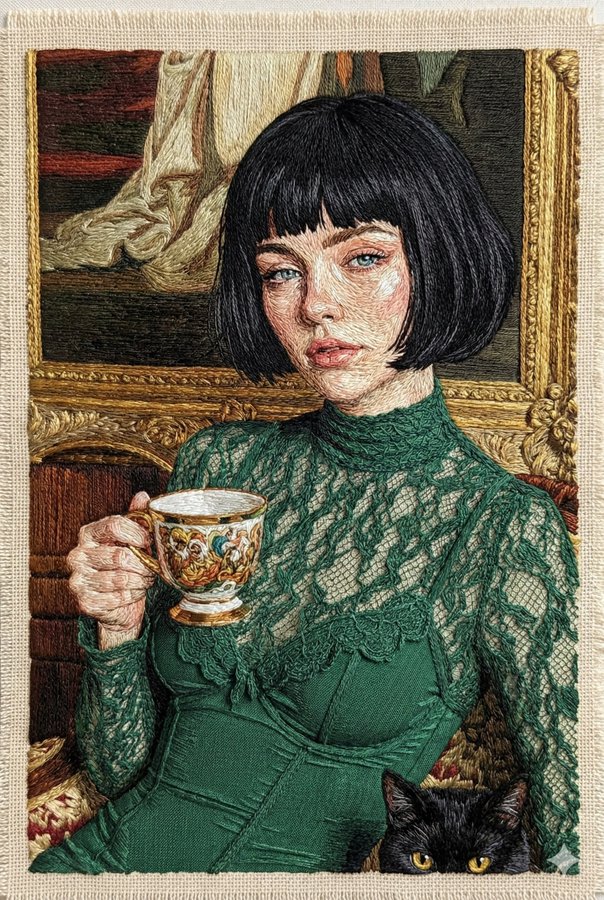 将我的上传照片转化为彩色线绣艺术,可见针脚和织物纹理