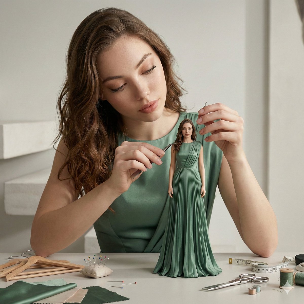 超写实电影工作室场景:女性微缩版服装调整