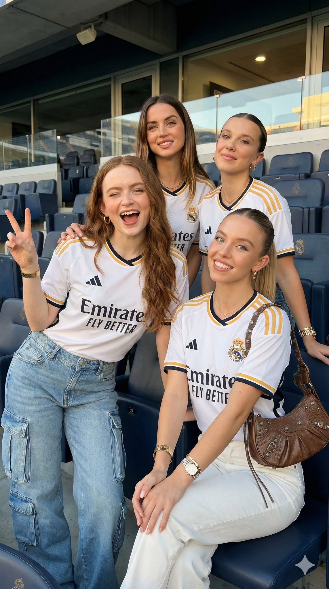 Four Young Women in a Football Stadium, Wearing Real Madrid Jerseys, Vibrant Scene Under Natural Light