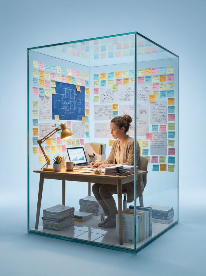 超现实宏观摄影:真实人物在玻璃立方体中工作
