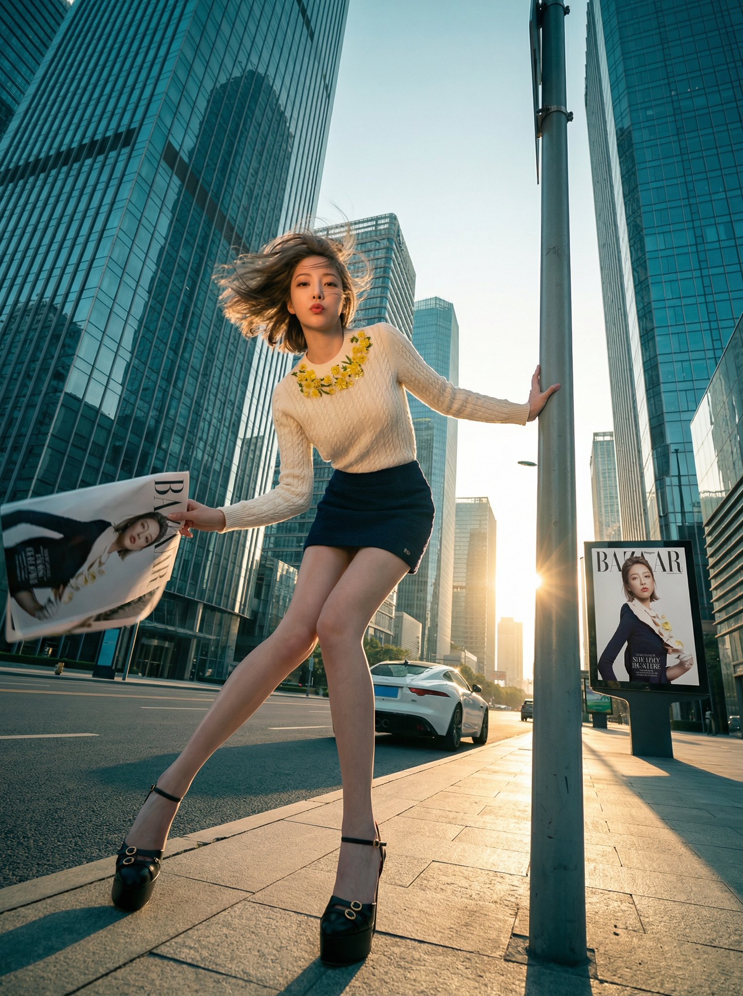 Urban Goddess Portrait: Confident Woman in Golden Hour Street Style