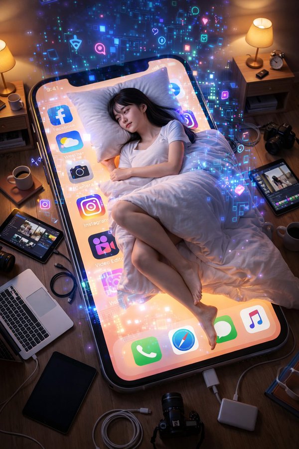 夜晚卧室中的年轻女性与智能手机