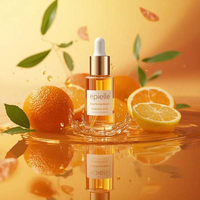 高级护肤产品摄影,透明金色精华液瓶与柑橘元素