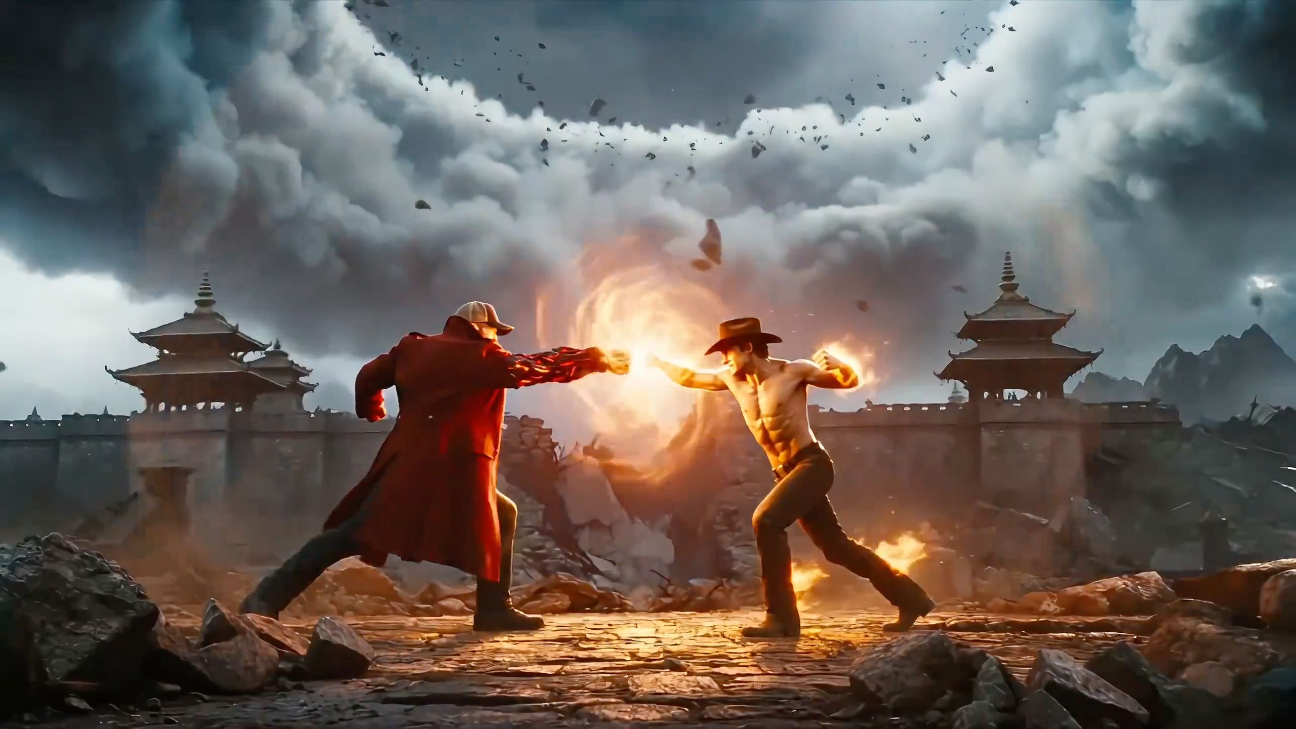 现代幻想动作电影场景,熔岩与火焰元素的激烈碰撞