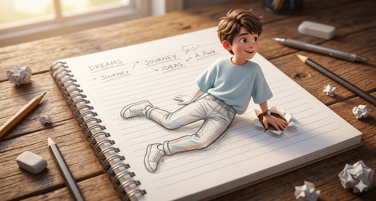 3D数字艺术:男孩女孩从笔记本中走出