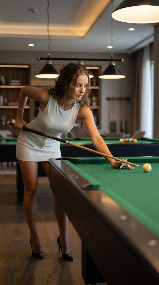 Professional Billiards Woman, White Bodysuit, Cinematic Photography