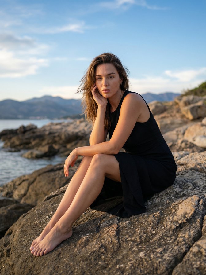 海边岩石上的优雅女性肖像