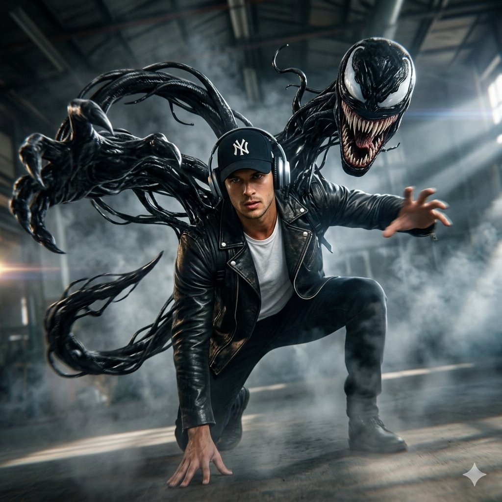 16K超写实电影场景:年轻男子与毒液共生体