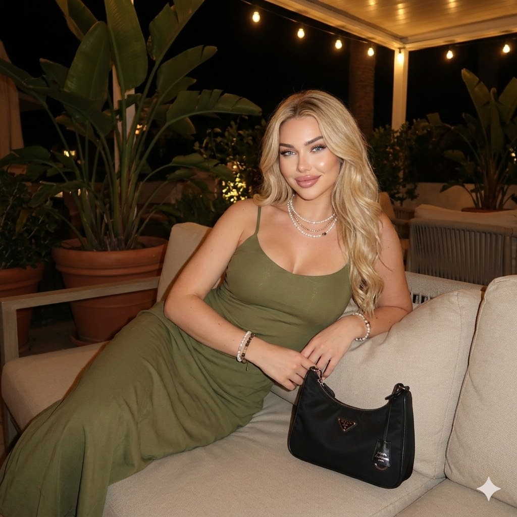 夜晚橄榄绿吊带裙女子沙发休息