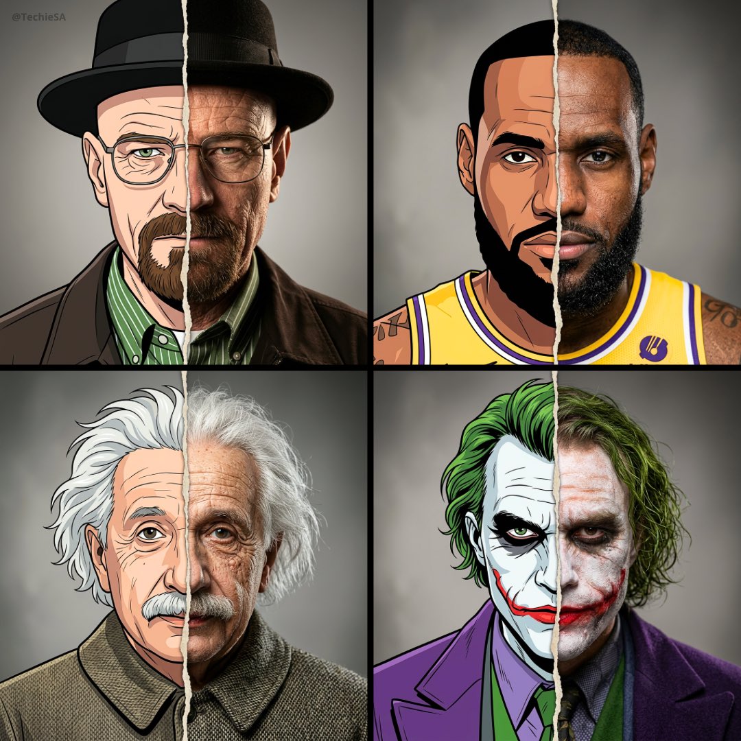 分割肖像 左边漫画风格右边超写实