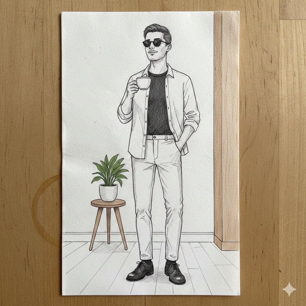 Elegant hand-drawn fashion sketch of a man in a minimalist room