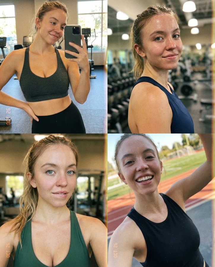 悉尼·斯威尼 运动自拍拼贴 2x2 网格