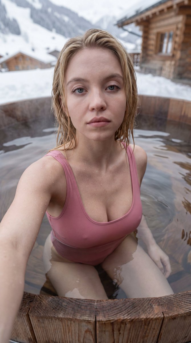 Megan Fox POV selfie in snowy hot tub