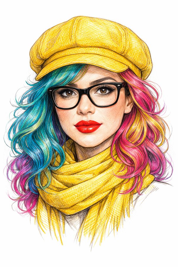 高度细节的时尚线描肖像插画