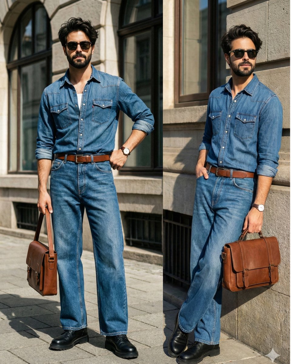 穿全套牛仔套装的时尚男士街拍