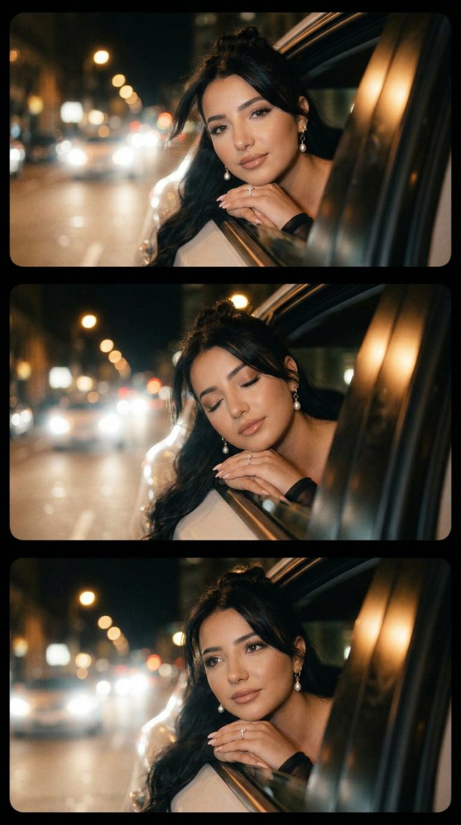 3-Frame Horizontal Filmstrip: Adult Woman Night Drive Micro-Expressions