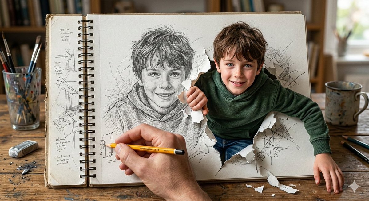 Cinematic 3D Illustration of Boy Emerging from Sketchbook