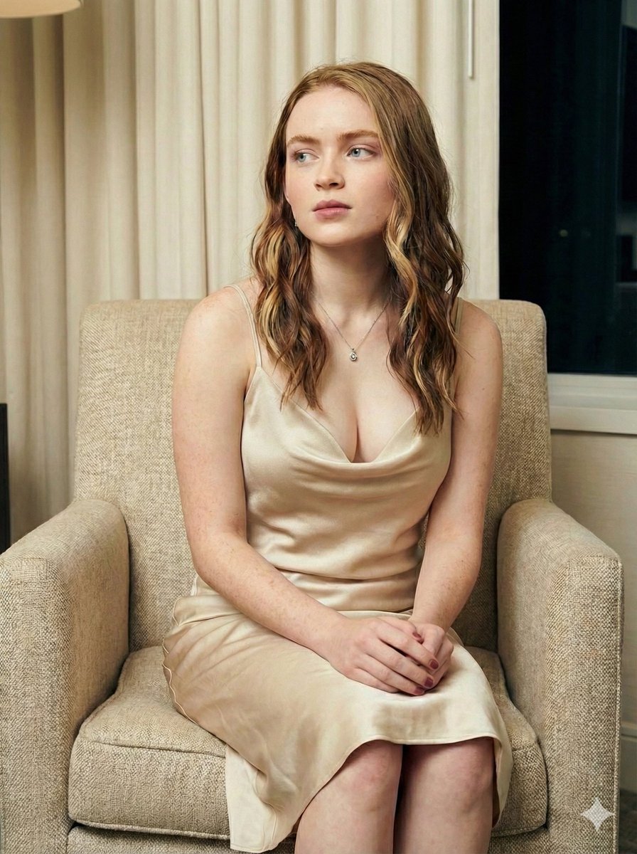 Sadie Sink 香槟色丝绸吊带裙优雅写真