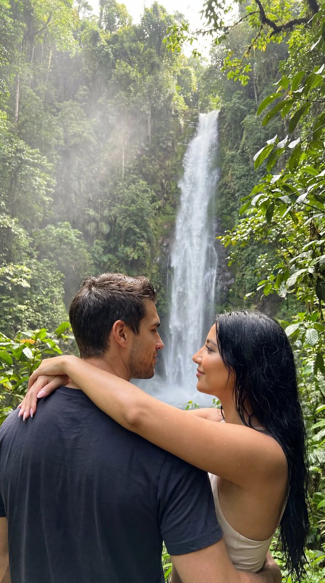 Tropical Waterfall Embrace, Romantic Nature Moment