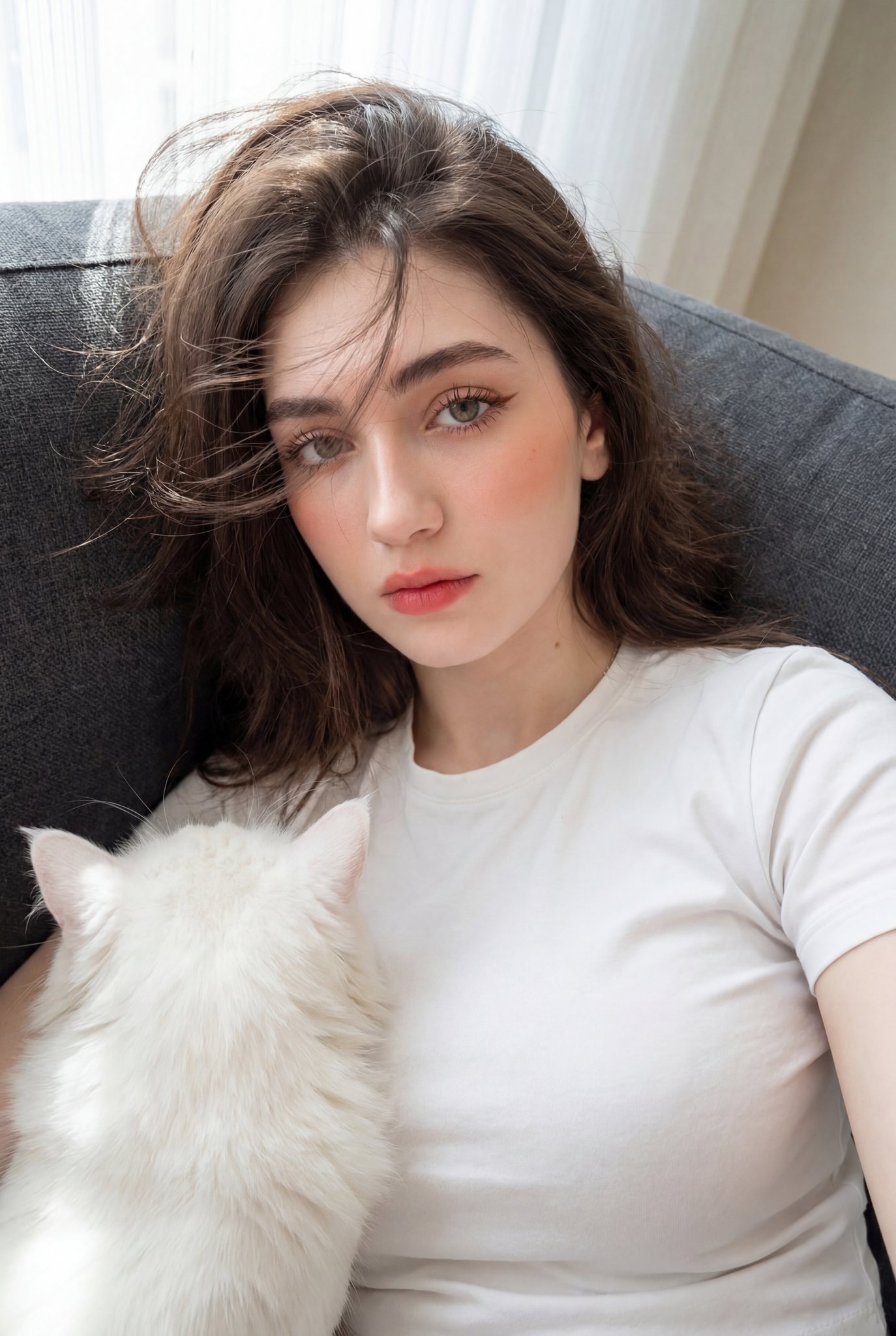 Portrait of Girl Kissing Fluffy Cat 8K