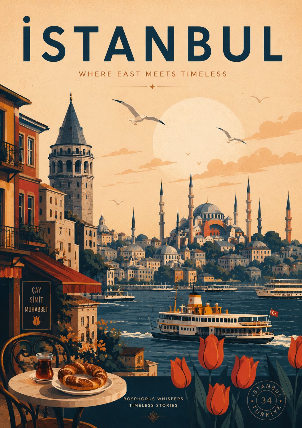 Modern Minimalist Travel Poster with Istanbul Landmarks