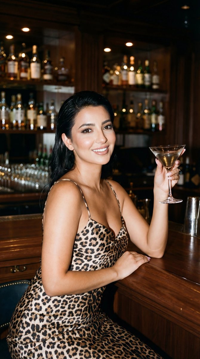 Leopard Print Slip Dress Bar Portrait