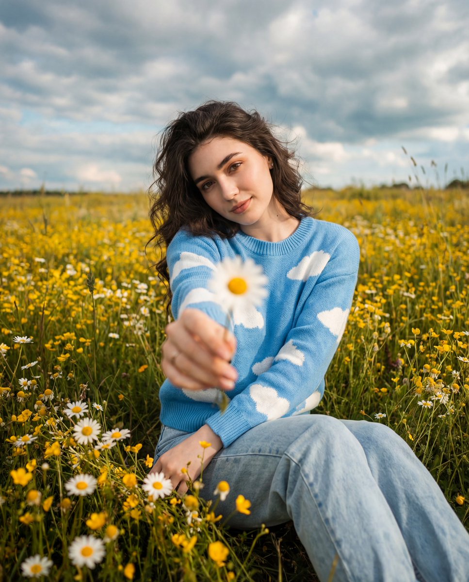 Cinematic Portrait of a Girl Holding a Daisy in a Field