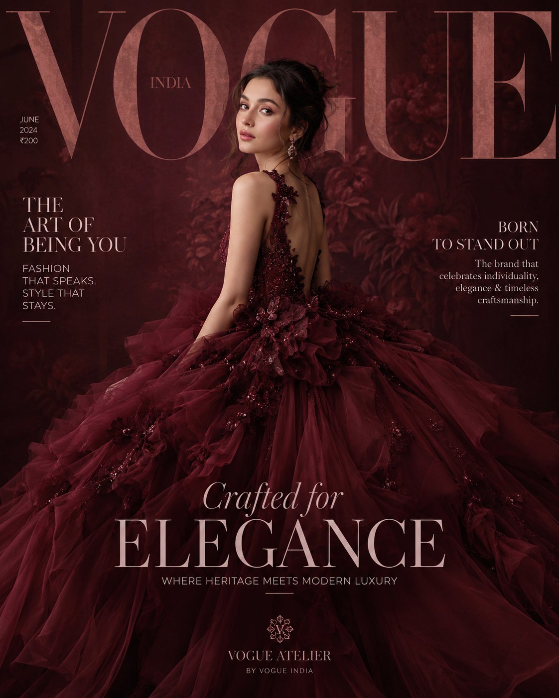 High Fashion Maroon Dress Magazine Cover