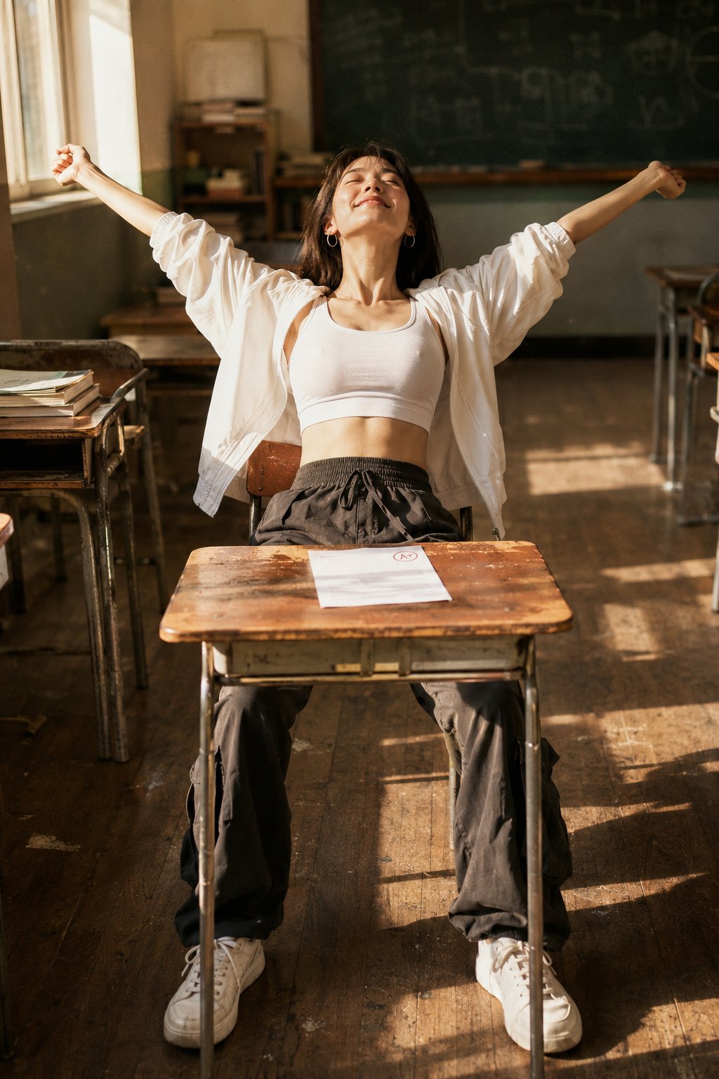 Ultra-realistic Korean Woman Stretching in Classroom