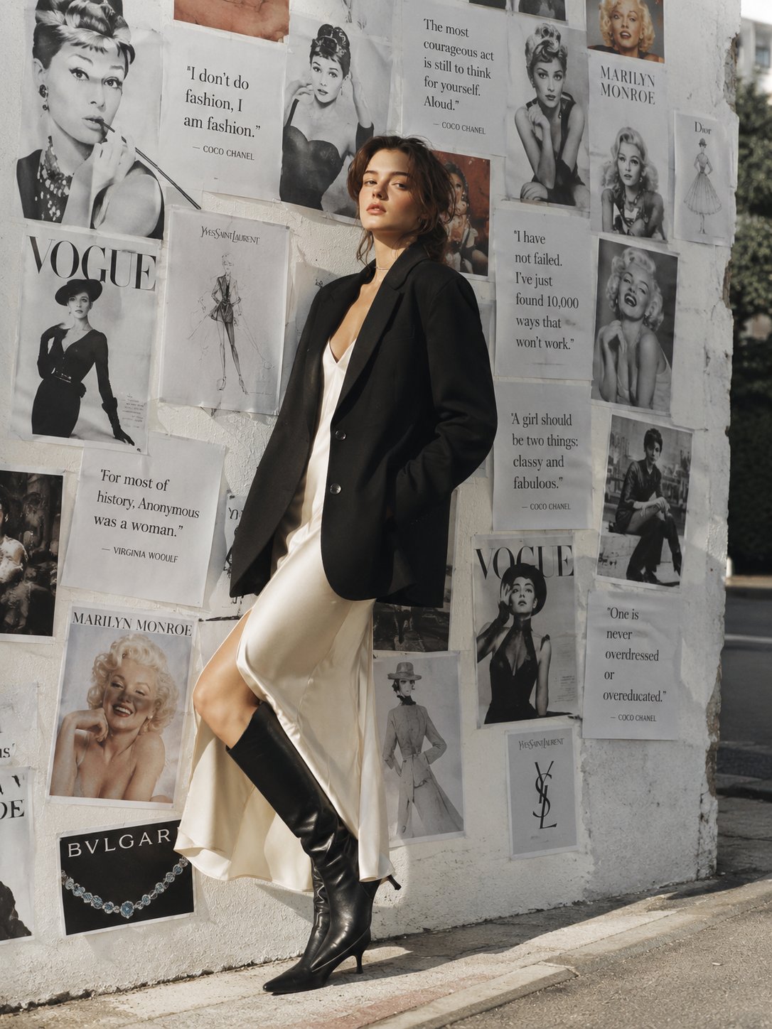 Cinematic Fashion Portrait with Vintage Vogue Wall