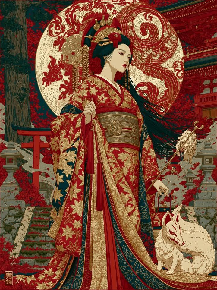 Ukiyo-e Digital Illustration of Japanese Woman with Fox