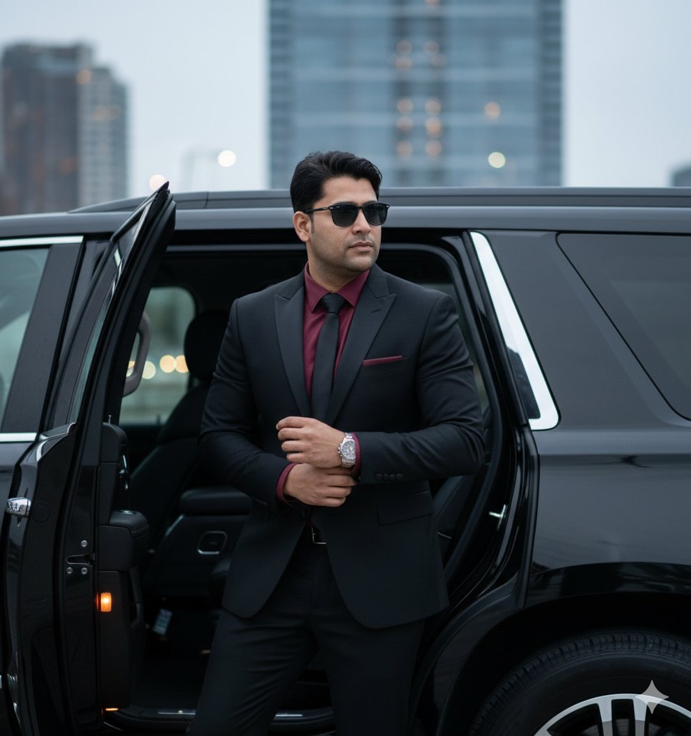 Stylish Indian man in black tuxedo getting out of SUV