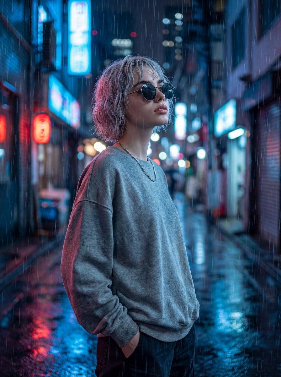 雨夜霓虹小巷中的超写实男子肖像